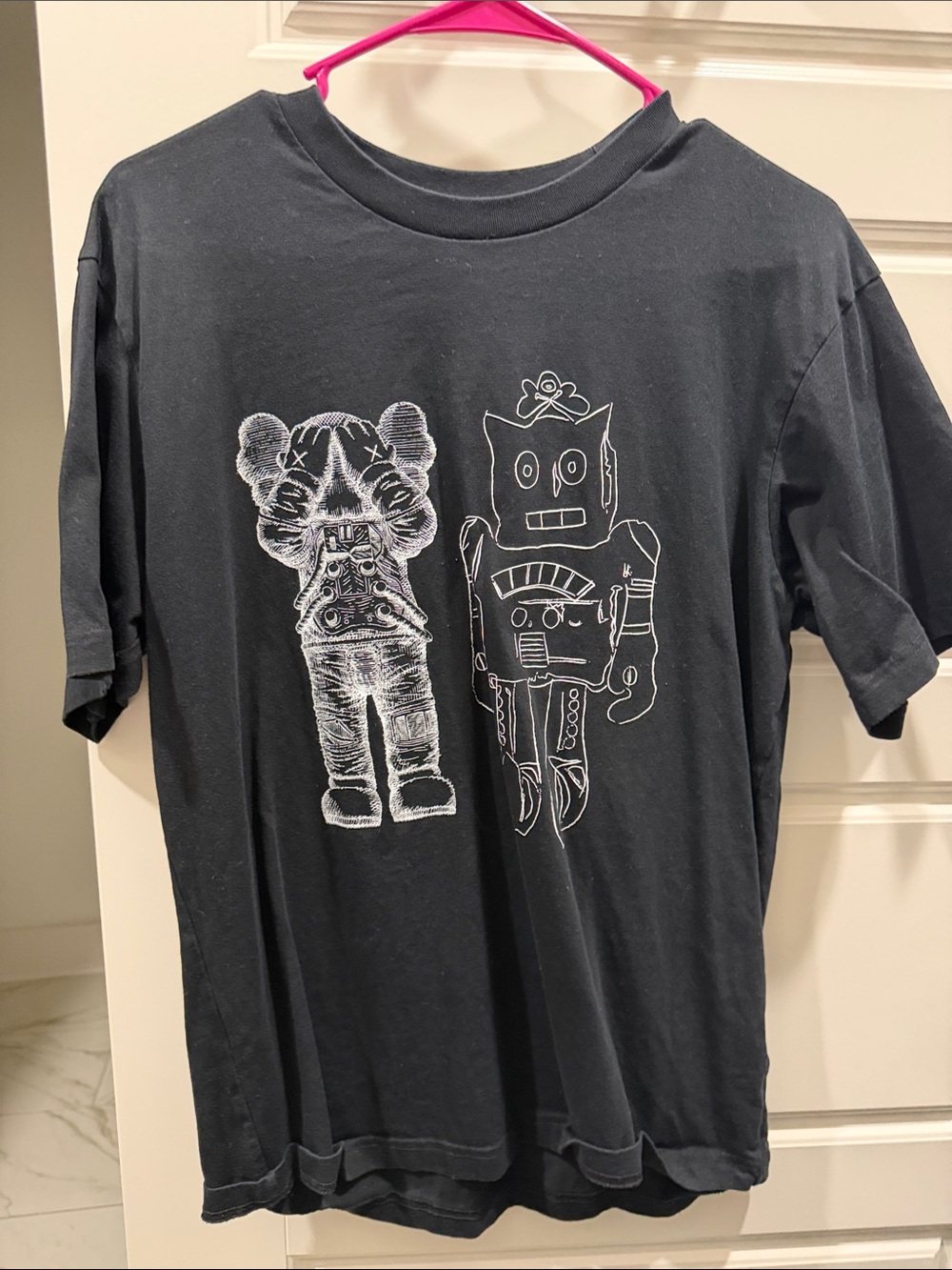 Uniqlo x KAWS Black Tee with White Robot & Bear Line Art
